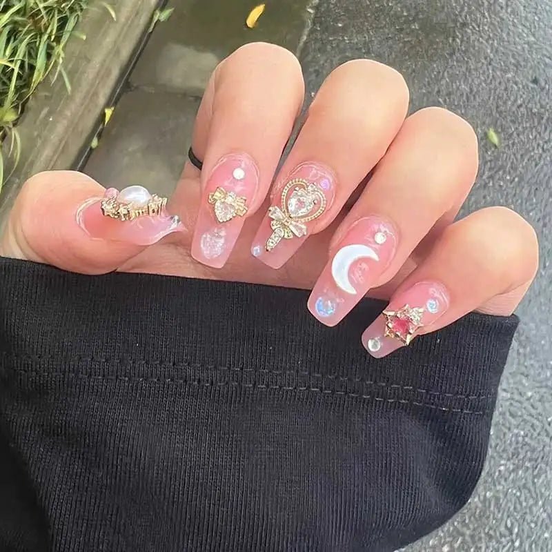 24pcs/box Luxury Pink Long Coffin Fake Nails Y2K Moon Star Rhinestones Press On Nails Handmade Full Cover Reusable False Nails - EverHype