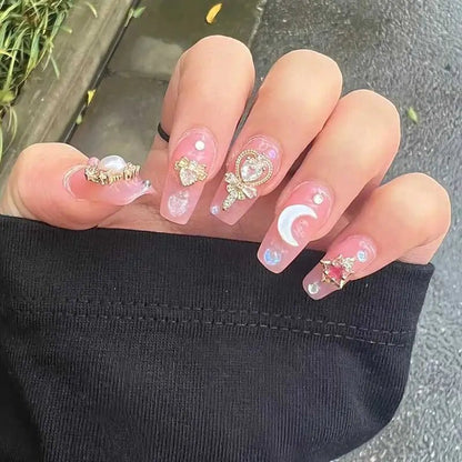 24pcs/box Luxury Pink Long Coffin Fake Nails Y2K Moon Star Rhinestones Press On Nails Handmade Full Cover Reusable False Nails - EverHype