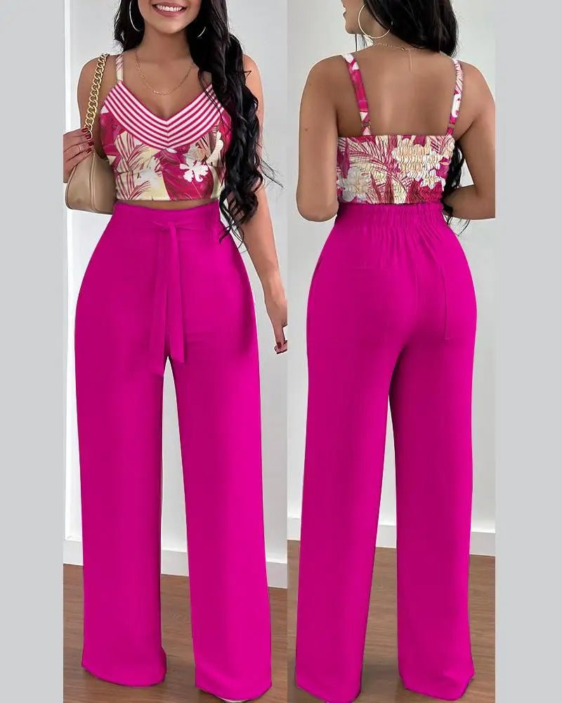 Women's 2 - Piece Pants Set - V - Neck Crop Top & Wide Leg Pants | Office Lady Suit - EverHype