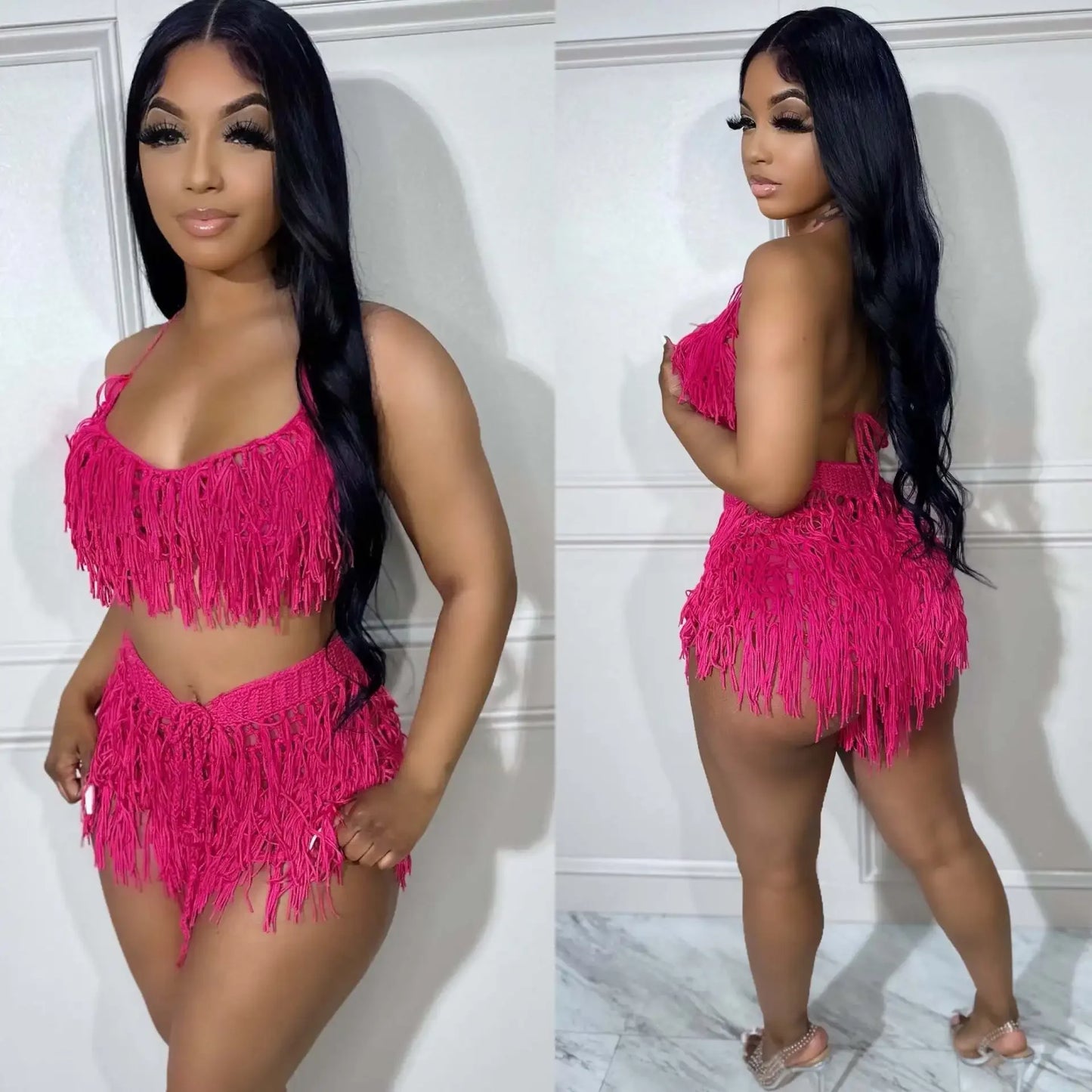 Women's Crochet Beach Set - See - Through Knit Fringed 2 - Piece | Summer Vacation Outfit - EverHype