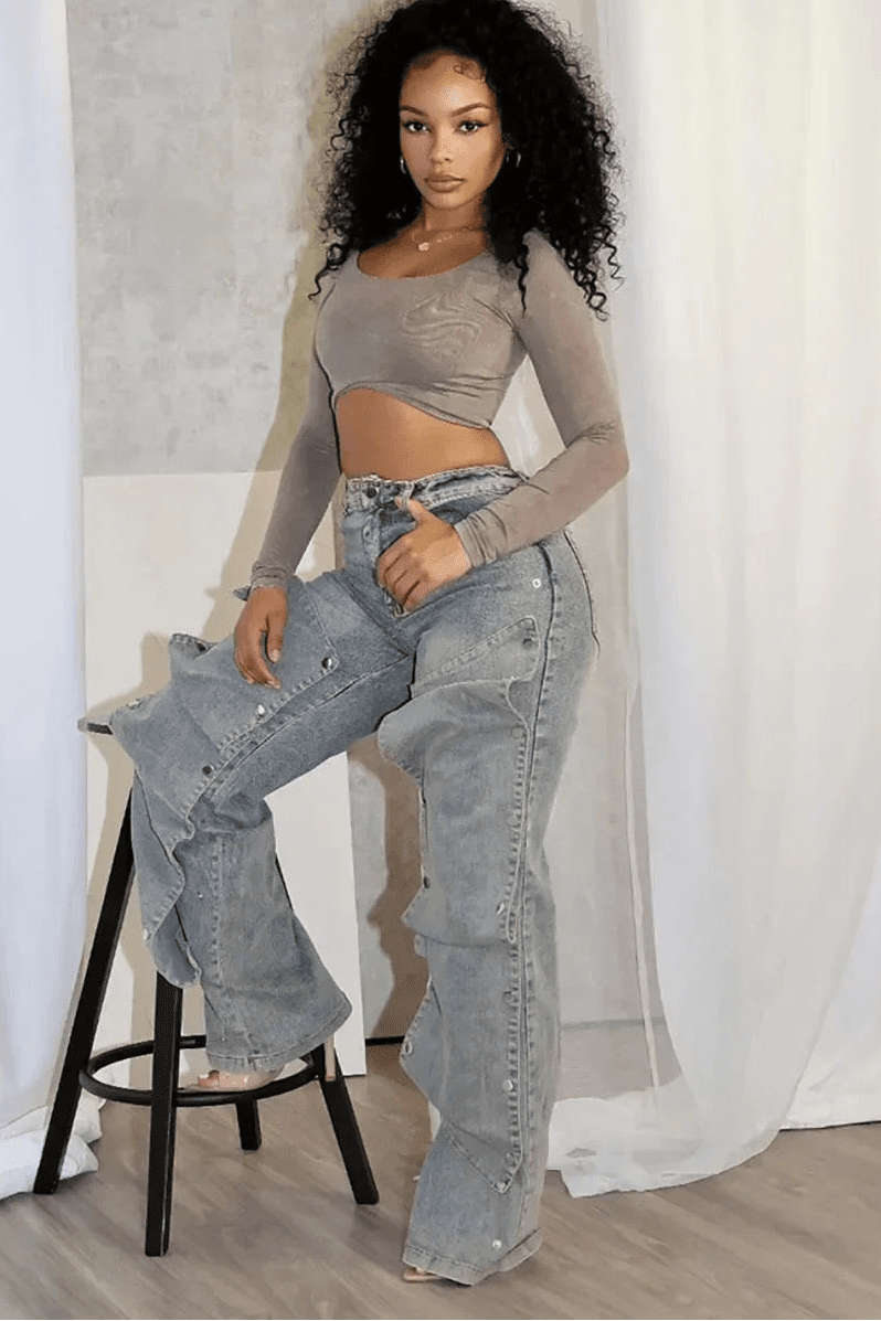 Button Cutout Cargo Wide Leg Jeans - Streetwear Denim Pants | EverHype 2026 - EverHype