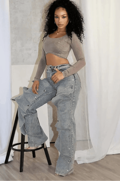 Button Cutout Cargo Wide Leg Jeans - Streetwear Denim Pants | EverHype 2026 - EverHype