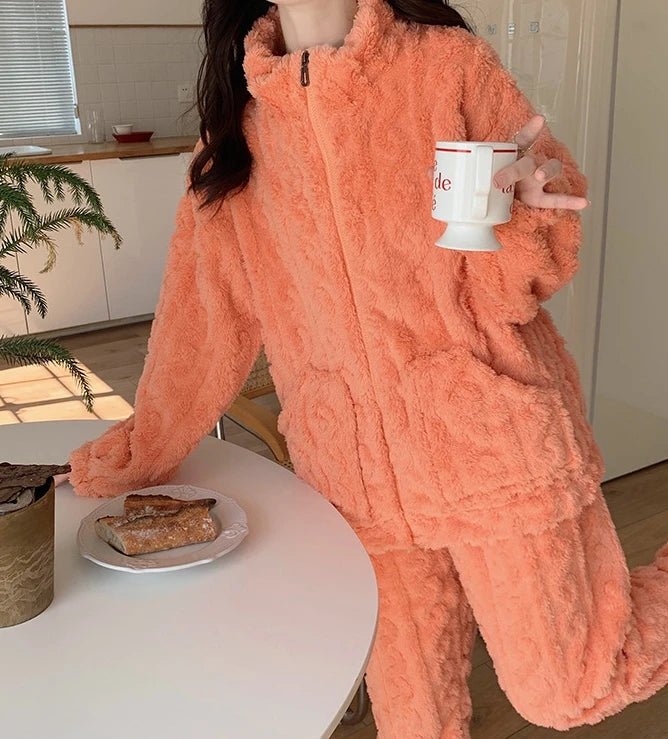 Women's Fuzzy Teddy 2 - Piece Set - Zip - Up Top & Pants Outfit | Autumn Loungewear - EverHype