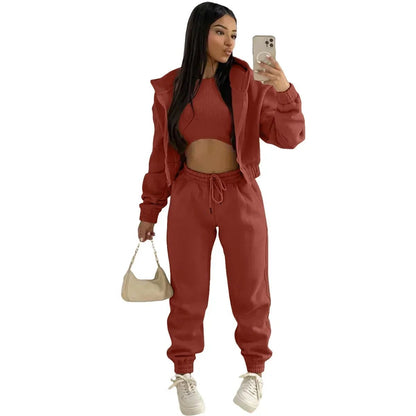 3pcs Women's Clothing Set Fleece - lined Hooded Sweater &Sleeveless Tank Top & Sports Sweatpants Pants - EverHype