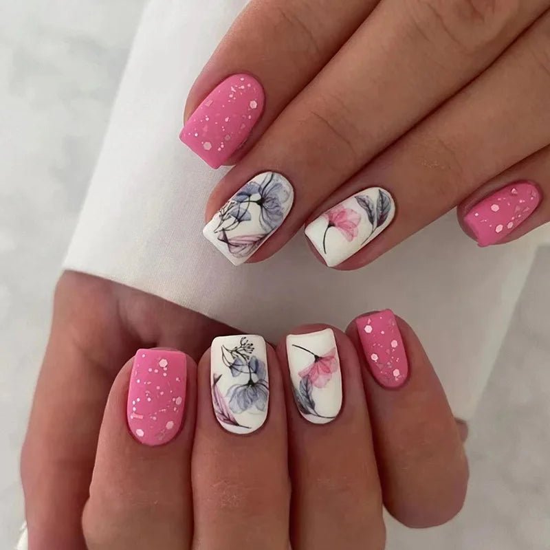 24Pcs Short Square Head Fake Nail with Colorful Flower Designs Wearable French False Nails Ballet Finished Jelly Stick on Nails - EverHype