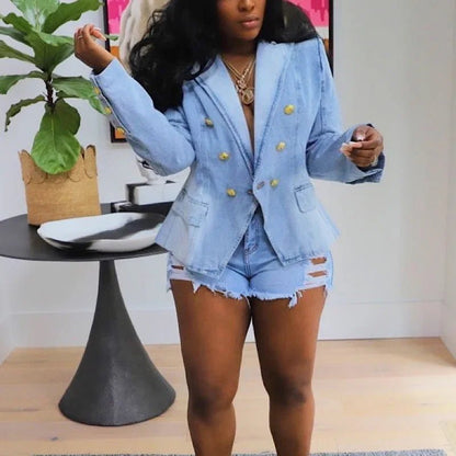 2025 New Fashion Women Jacket Notched Long Sleeve Double Breasted Slim Waist Denim Jean Suit Blazer Jacket - EverHype