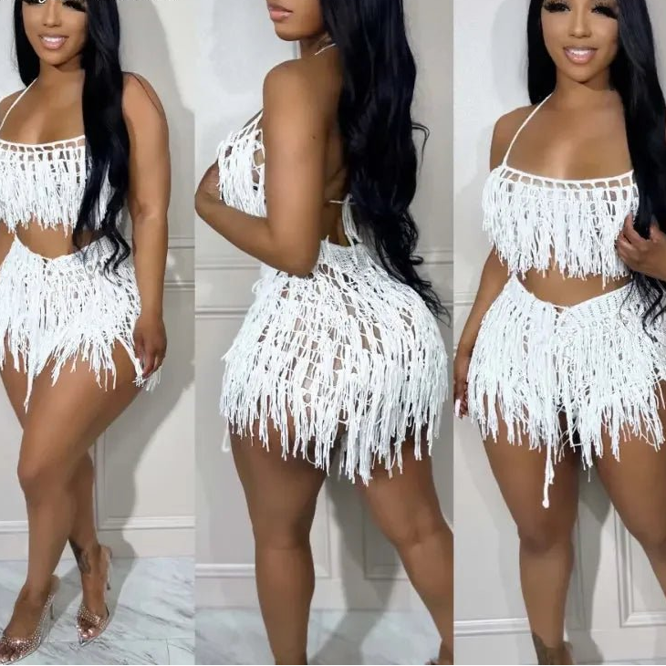 Women's Crochet Beach Set - See - Through Knit Fringed 2 - Piece | Summer Vacation Outfit - EverHype