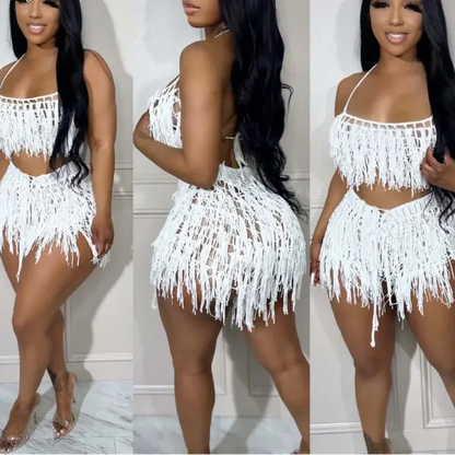 Women's Crochet Beach Set - See - Through Knit Fringed 2 - Piece | Summer Vacation Outfit - EverHype