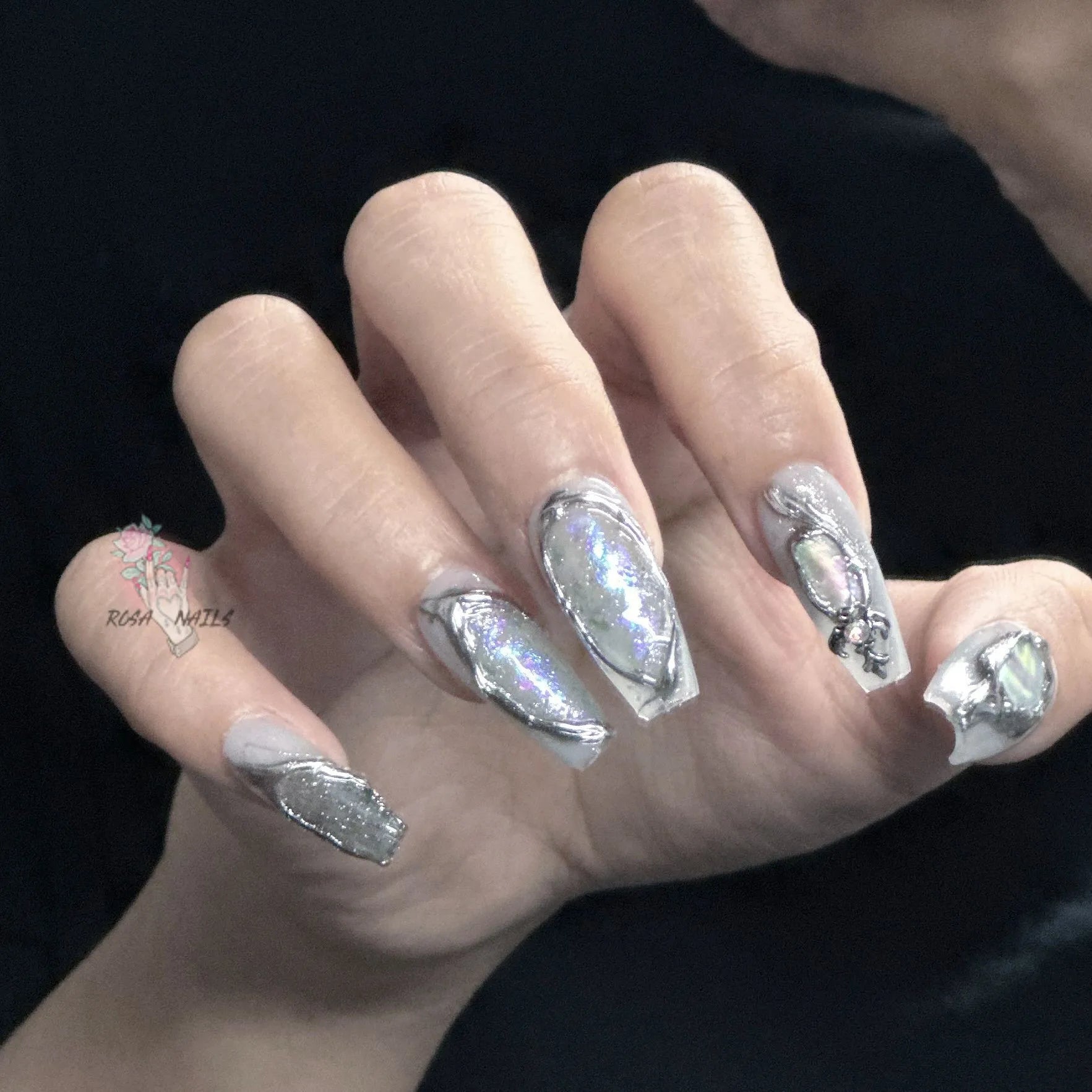 Fake Nails y2k Rainbow Discoloration Effect Handmade Tips Shine Chameleon Flakes Hologram Mirror Manicure Gothic Press on Nails - EverHype