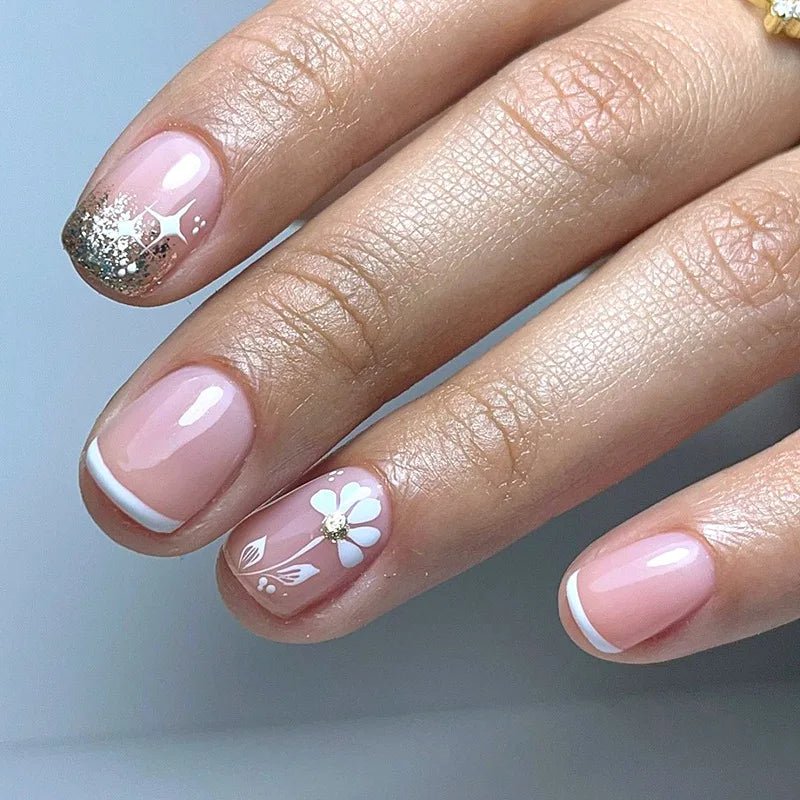 24Pcs Short Square Head Fake Nail with Colorful Flower Designs Wearable French False Nails Ballet Finished Jelly Stick on Nails - EverHype
