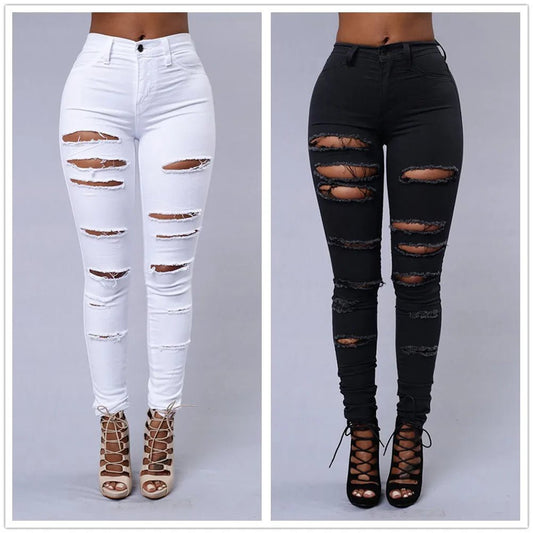 Ripped Skinny Jeans - Black & White Elastic Denim Pencil Pants | S - 3XL - EverHype