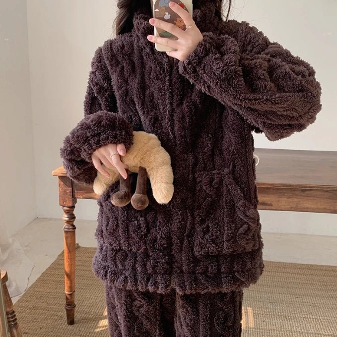 Women's Fuzzy Teddy 2 - Piece Set - Zip - Up Top & Pants Outfit | Autumn Loungewear - EverHype