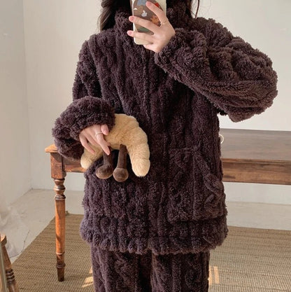 Women's Fuzzy Teddy 2 - Piece Set - Zip - Up Top & Pants Outfit | Autumn Loungewear - EverHype
