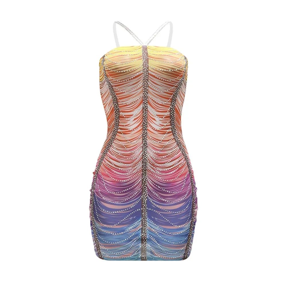 Rainbow Crystal Tassel Dress - Halter Neck Bodycon Midi | Evening Party Dress - EverHype