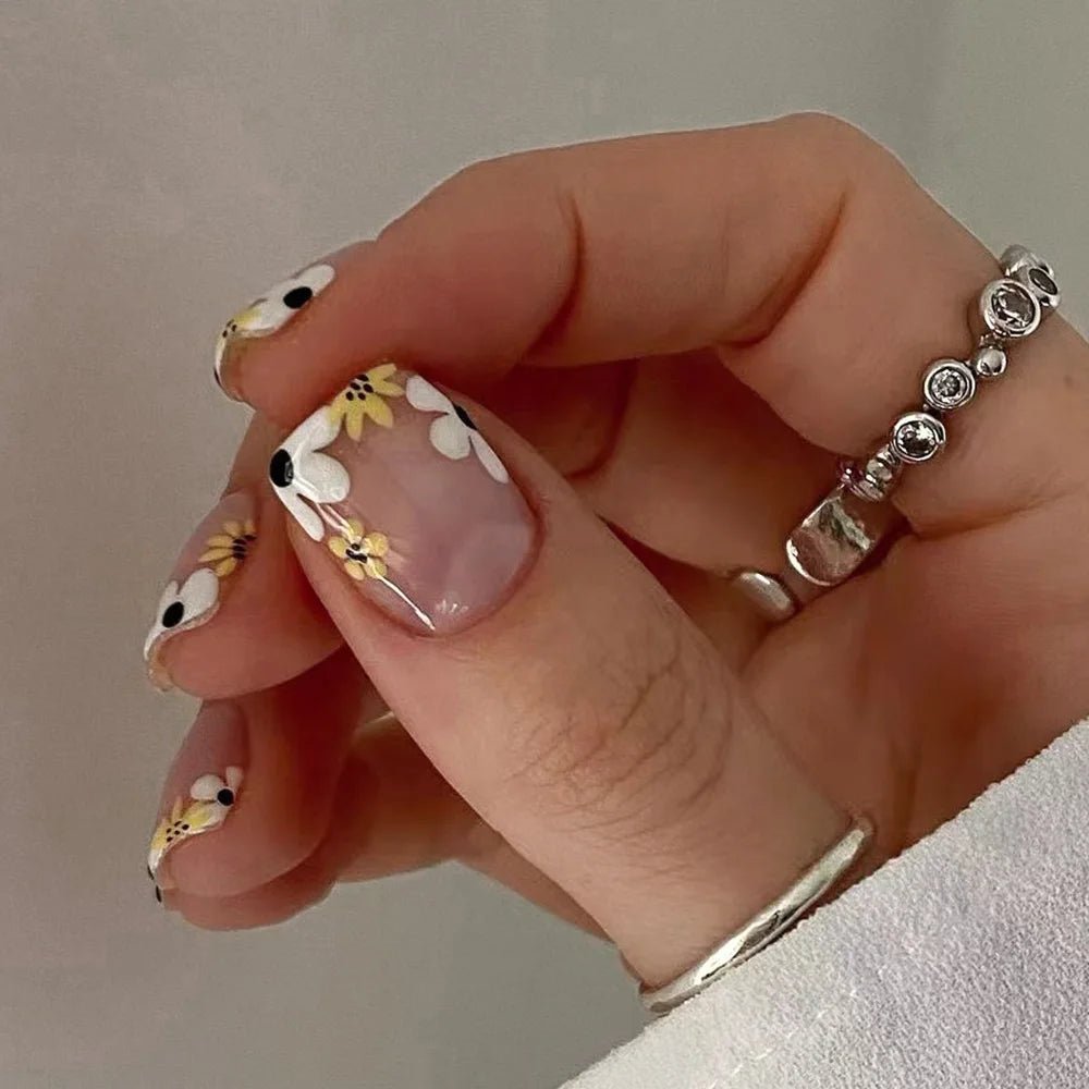 24Pcs Short Square Head Fake Nail with Colorful Flower Designs Wearable French False Nails Ballet Finished Jelly Stick on Nails - EverHype