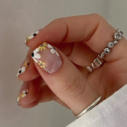 24Pcs Short Square Head Fake Nail with Colorful Flower Designs Wearable French False Nails Ballet Finished Jelly Stick on Nails - EverHype