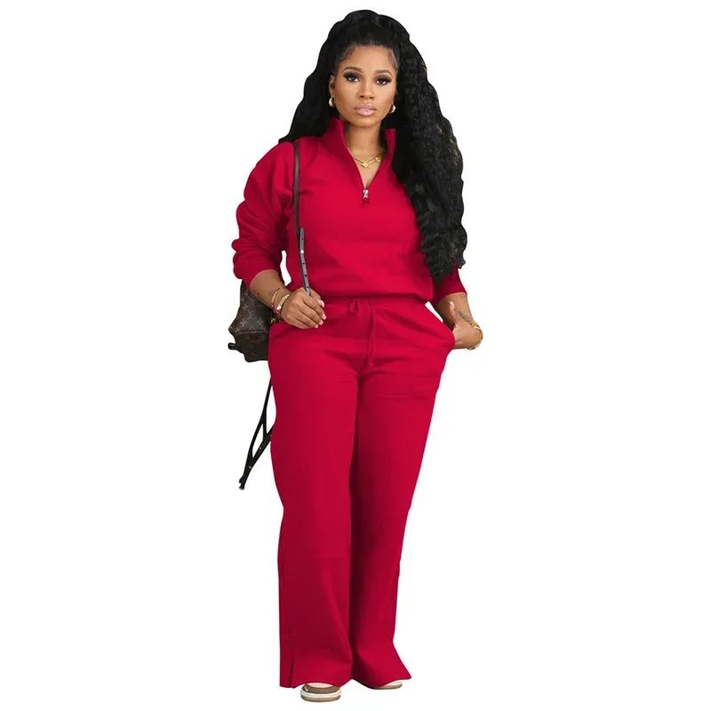 Solid Casual Tracksuit Women 2 Piece Set Outfit Sportwear Long Sleeve Sweatshirt Top and Wide Leg Pants Sweatsuits Matching Sets - EverHype