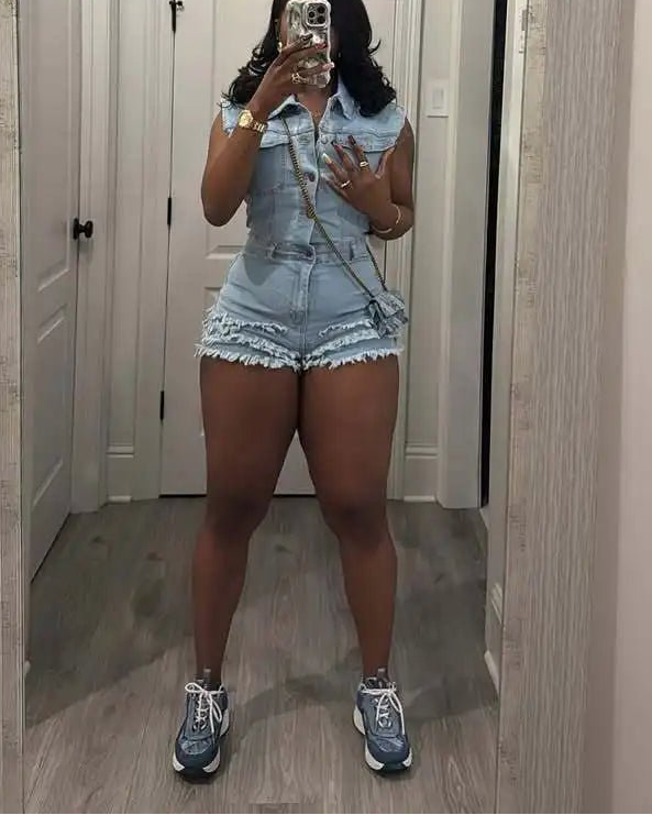 CM.YAYA Women V - neck Short Sleeve Denim tassel Short Jumpsuit Playsuits 2025 Summer Street Party Jeans Romper One Piece Outfits - EverHype