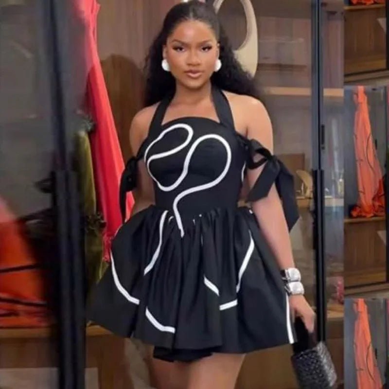 Bowknot Halter Neck Geometric Striped Swing Dress - Streetwear Party Dress | EverHype 2026 - EverHype