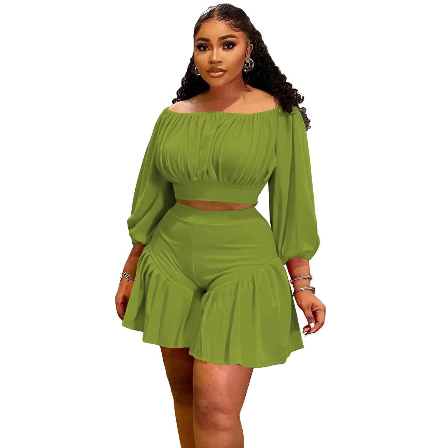 Plus Size 2 - Piece Set - Long Sleeve Slash Neck Top & Shorts for Women - EverHype