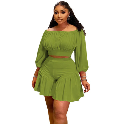 Plus Size 2 - Piece Set - Long Sleeve Slash Neck Top & Shorts for Women - EverHype