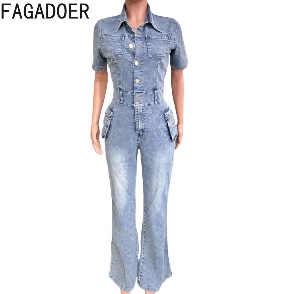 FAGADOER Blue Denim Jumpsuits Women Fashion Short Sleeve Lapel Cargo Pocket Stretchy Bodycon One Pieces Jeans Overall Streetwear - EverHype