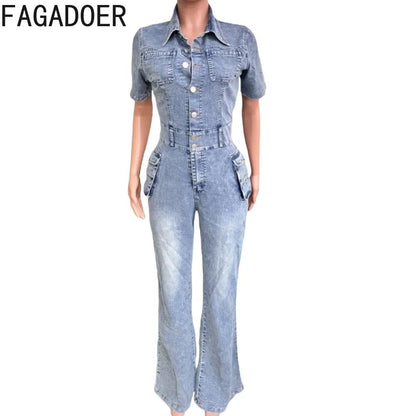 FAGADOER Blue Denim Jumpsuits Women Fashion Short Sleeve Lapel Cargo Pocket Stretchy Bodycon One Pieces Jeans Overall Streetwear - EverHype