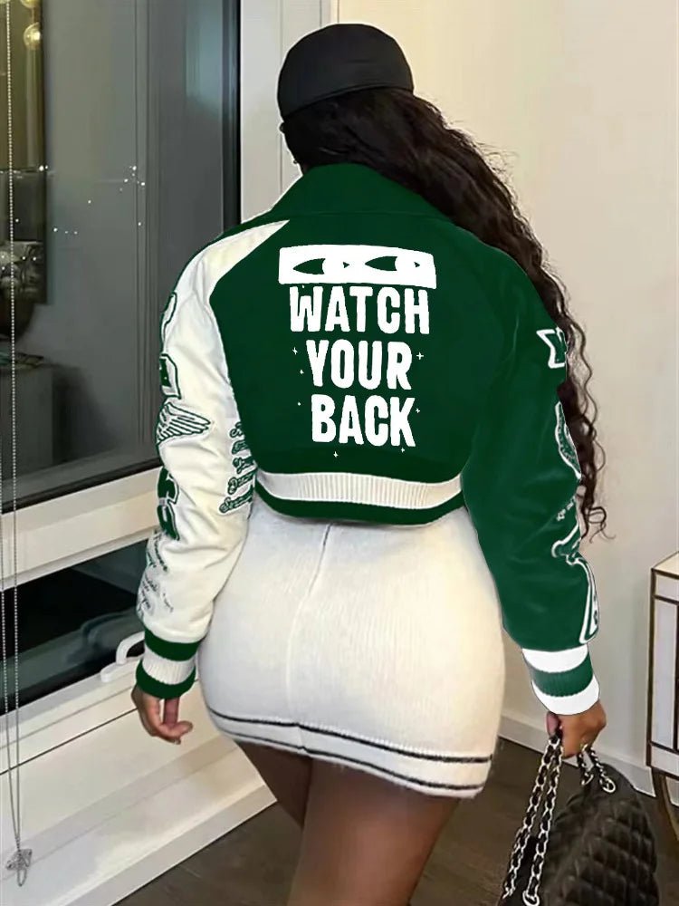 Fashion Baseball Buttons Fall Jackets For Women 2023 Crop Tops Jackets Coats Varsity Bomber Long Sleeve Print Green Black Jacket - EverHype
