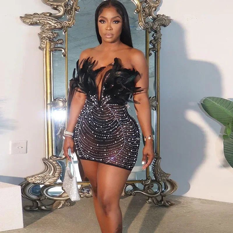 Sexy Feather Rhinestone Dress - Backless Diamond Mesh Bodycon | Birthday Party - EverHype