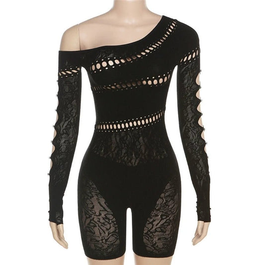Sexy Women's See Through Bodycon Short Pants Party Club Romper Jumpsuits Sheer Lace Mesh Clubwear Jumpsuit Rompers - EverHype