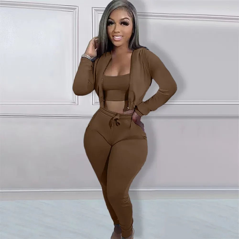 CM.YAYA Women Sportwear Fashion 3 - piece Set Outfits Hooded Track Jacket + Tank + Jogger Pants Suit Active Tracksuit Sweatsuit - EverHype