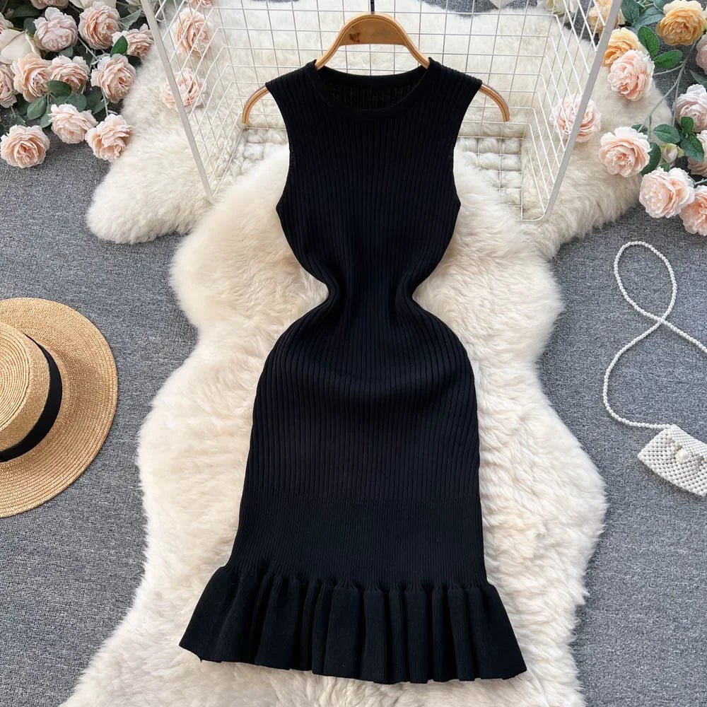 Summer Knitted Bodycon Sexy Dress 2026 O Neck Sleeveless Ruffled Party Sundress High Street Elastic Slim Short Dress - EverHype
