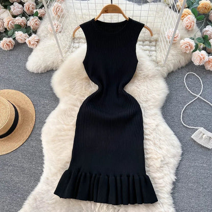 Summer Knitted Bodycon Sexy Dress 2026 O Neck Sleeveless Ruffled Party Sundress High Street Elastic Slim Short Dress - EverHype