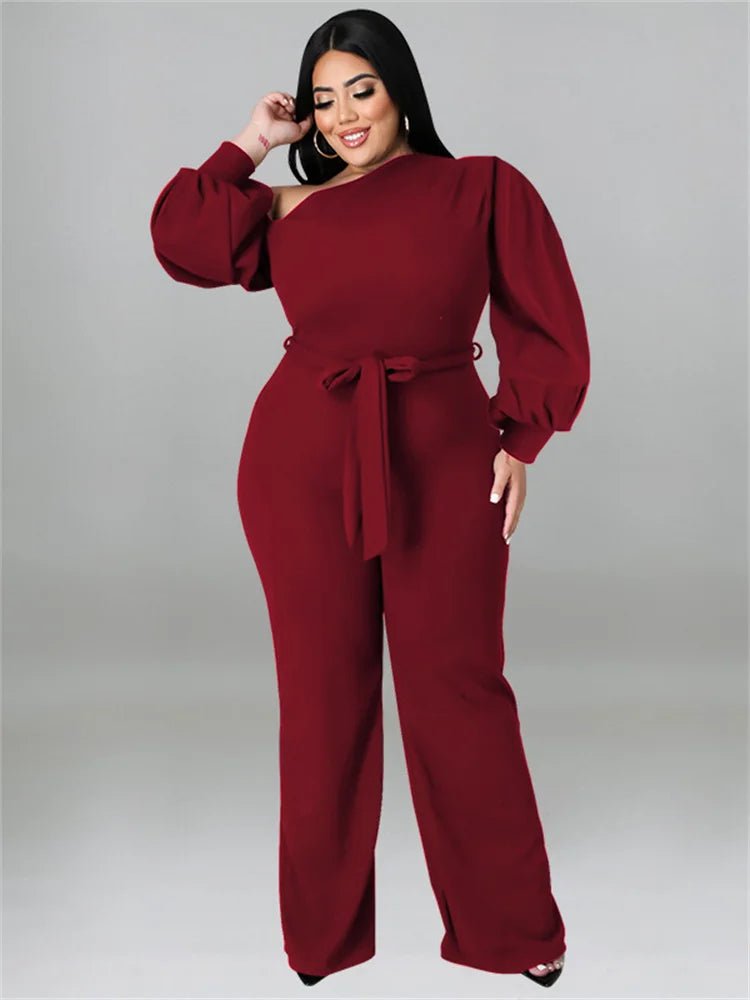 Plus Size Off - Shoulder Jumpsuit - Solid Color Romper with Sashes | Fall Office Lady - EverHype
