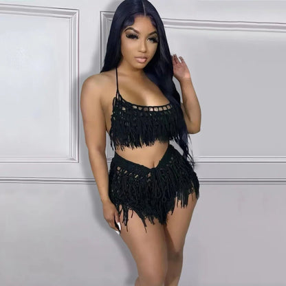 Women's Crochet Beach Set - See - Through Knit Fringed 2 - Piece | Summer Vacation Outfit - EverHype