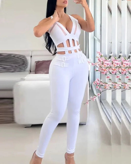 Women's Sexy Mesh Jumpsuit - Halter Buckled Contrast Sleeveless | Night Out Chic - EverHype