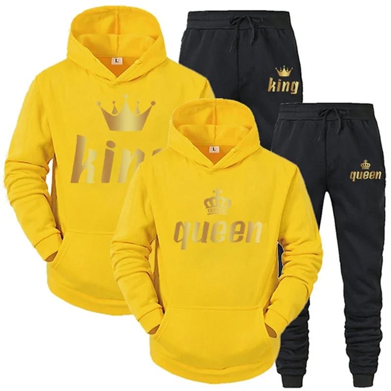 👑 King & Queen Couple Sweatsuit Bundle - 4 Piece Set | His & Hers Matching Hoodie & Jogger Pants - EverHype