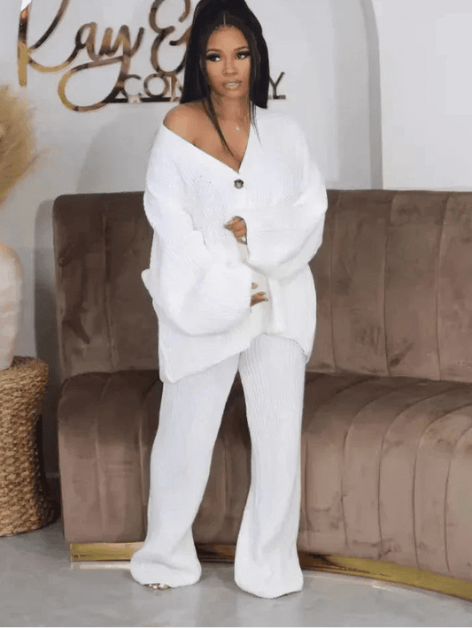 Knitted Button Sweater & Wide Leg Pants Set - 2 - Piece Fall Winter Outfit | EverHype 2026 - EverHype