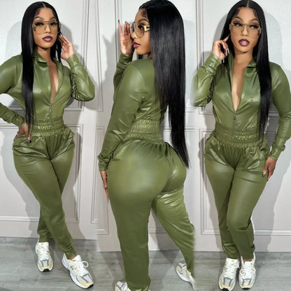 Faux Leather 2 - Piece Sweatsuit - Women's Hooded Jacket & Pants Set | Streetwear Outfit - EverHype