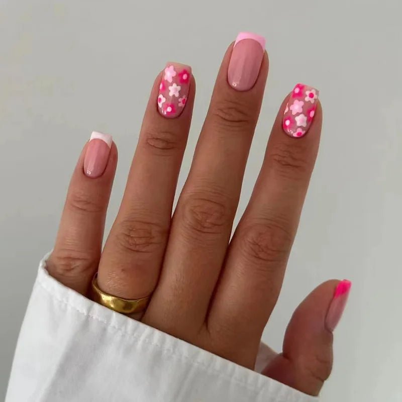 24Pcs Short Square Head Fake Nail with Colorful Flower Designs Wearable French False Nails Ballet Finished Jelly Stick on Nails - EverHype