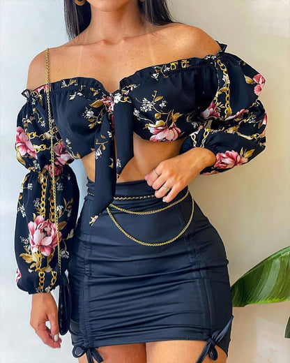Flowers Print Slash Neck Long Sleeves Crop Top Skirts 2 Pcs Set Sexy Slim Summer Fashion Outfit Streetwear Dress Sets - EverHype