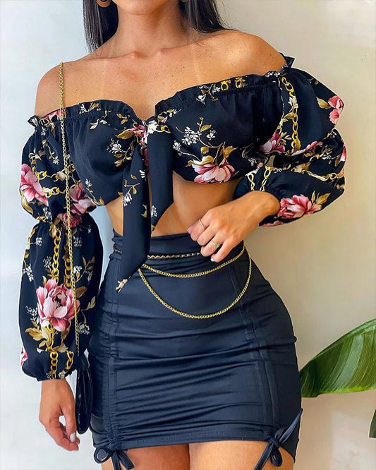 Flowers Print Slash Neck Long Sleeves Crop Top Skirts 2 Pcs Set Sexy Slim Summer Fashion Outfit Streetwear Dress Sets - EverHype