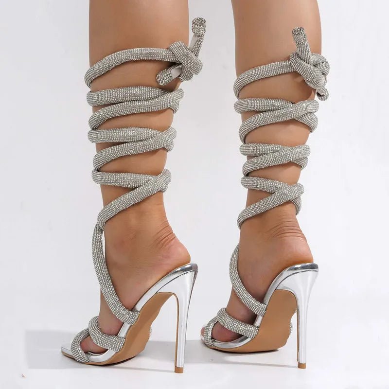Luxury Rhinestones Women Sandals Sexy Ankle Strap Cross - tied Thin High Heeled Gladiator Sandals Fashion Summer Party Prom Shoes - EverHype