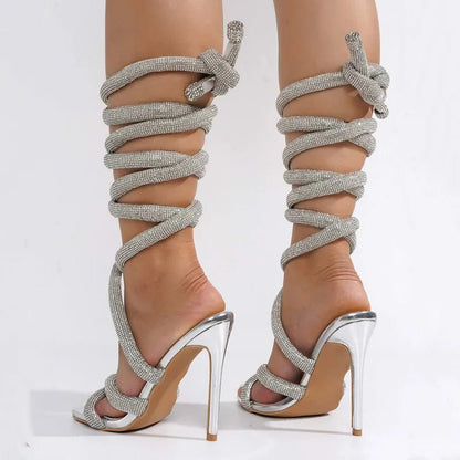 Luxury Rhinestones Women Sandals Sexy Ankle Strap Cross - tied Thin High Heeled Gladiator Sandals Fashion Summer Party Prom Shoes - EverHype