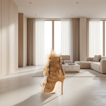 Brown Real Fur Stiletto Ankle Boots Women Trends Outfit Cross Tied Winter Snow Shoes Female Haute Pointed Toe Back Zipper Boots - EverHype