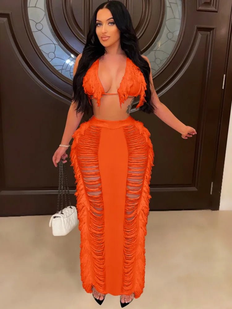 JRRY Sexy Women Knitted Set Two Pieces Set Halter Backless Bra Top Pants Crocheted 2 Pieces Set Hollow Out Crochet Beach Wear - EverHype