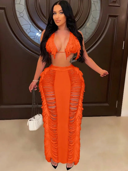 JRRY Sexy Women Knitted Set Two Pieces Set Halter Backless Bra Top Pants Crocheted 2 Pieces Set Hollow Out Crochet Beach Wear - EverHype