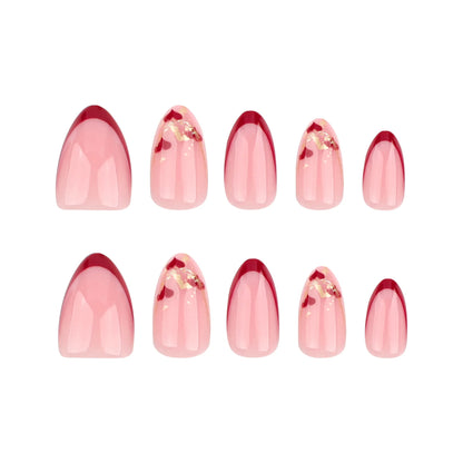 24pcs Valentine'S Day Press On Nails Set Short Almond Shaped Glossy Red Nails with Heart Glitter Pattern False Nails For Party - EverHype