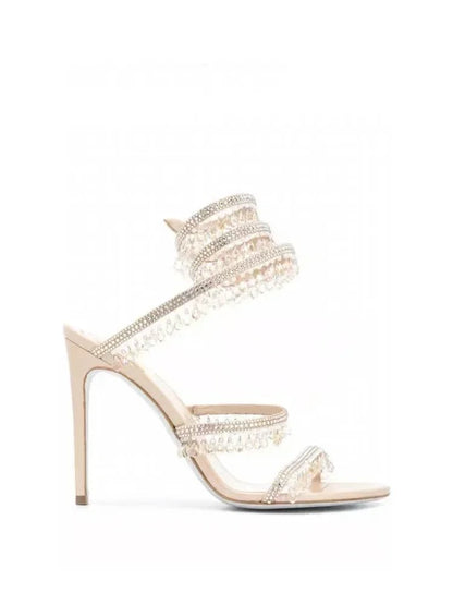 2025 Women's New Fashion Tassel Crystal Shoes Sexy Banquet Party Stiletto High Heels Women's Large Sandals Dance Shoes - EverHype