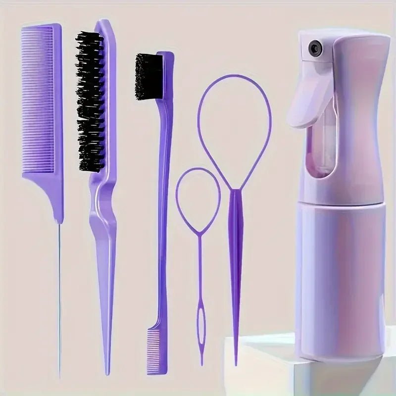 6pcs Hair Brush Set Spray Bottle Hair Braiding Loop Rat Tail Comb Teasing Hair Brsuh Edge Hair Brush Curly Hair Accessories - EverHype